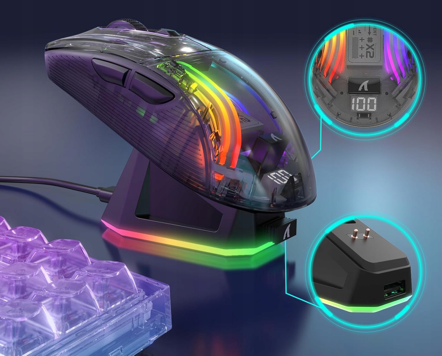 Magnetyczna stacja ładująca z podświetleniem RGB oraz wskaźnik baterii na myszce X2 PRO.